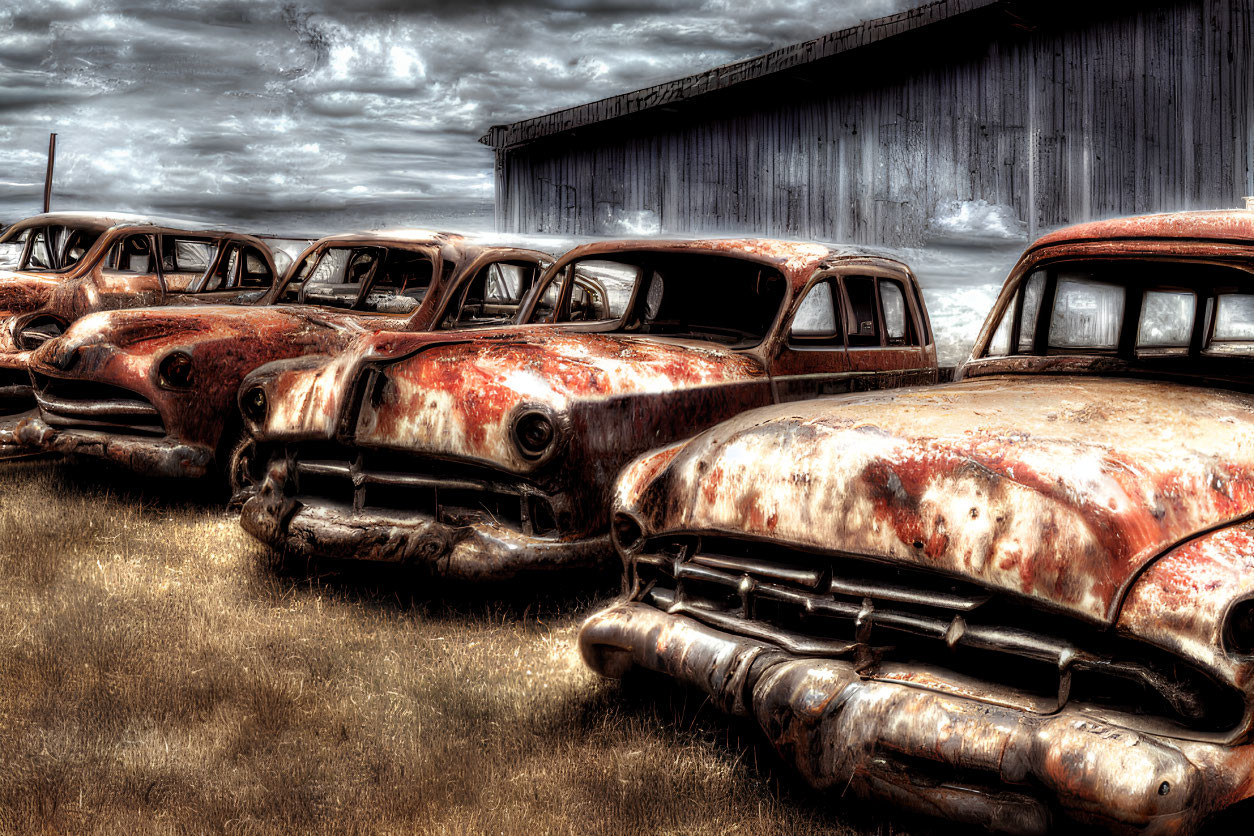 Abandoned vintage cars in field under overcast skies