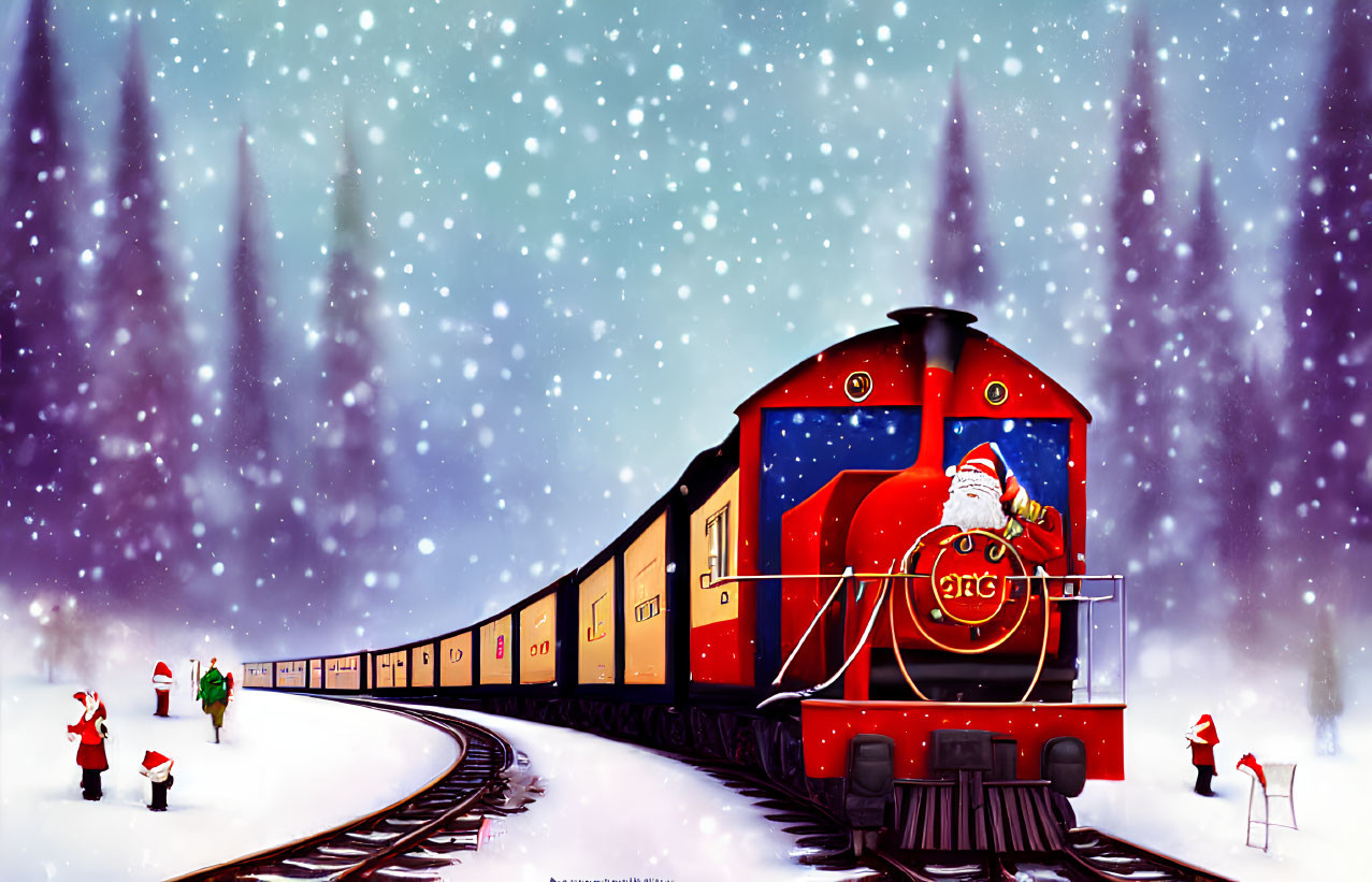 Red Holiday Train with Santa in Snowy Landscape