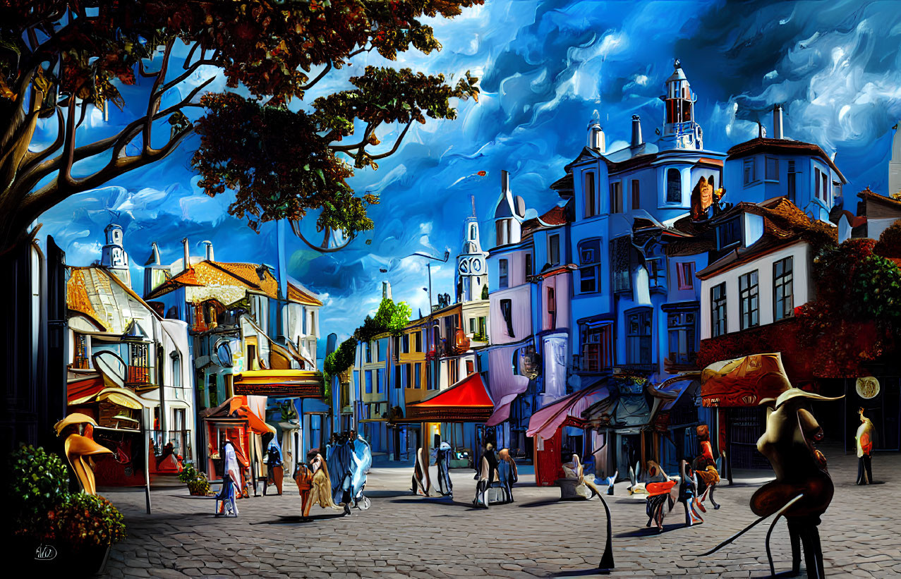 Colorful street scene with people, cafes, and lush trees under blue sky