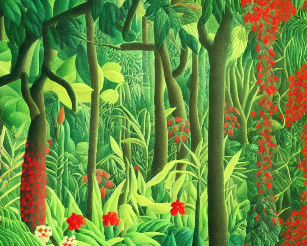 Colorful forest painting with lush green foliage and red flowers showcasing intricate textures.