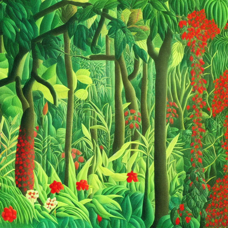 Colorful forest painting with lush green foliage and red flowers showcasing intricate textures.