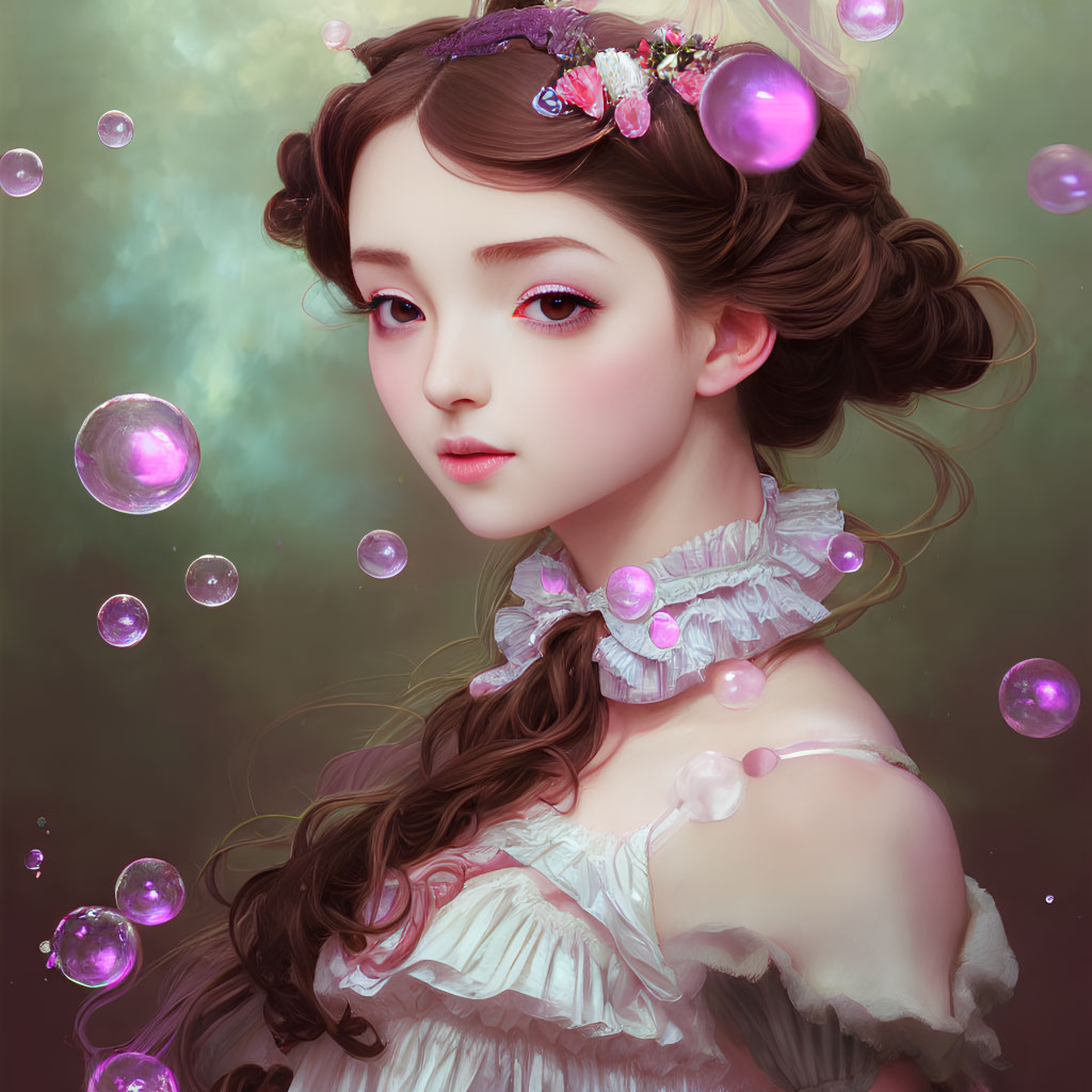 Whimsical digital portrait of young woman with expressive eyes and floral hair surrounded by iridescent bubbles