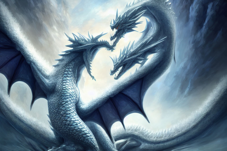 Blue-scaled dragons in intense stare amid swirling clouds