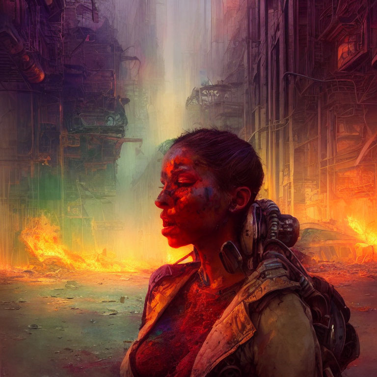 Person with face markings and mask in dystopian cityscape with explosions & golden light