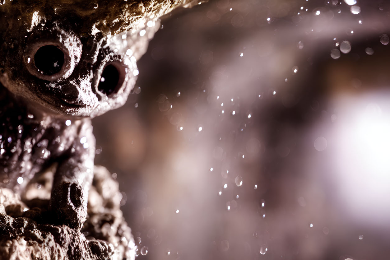 Detailed close-up of frog with glistening water droplets on textured skin and bulging eyes against blurred