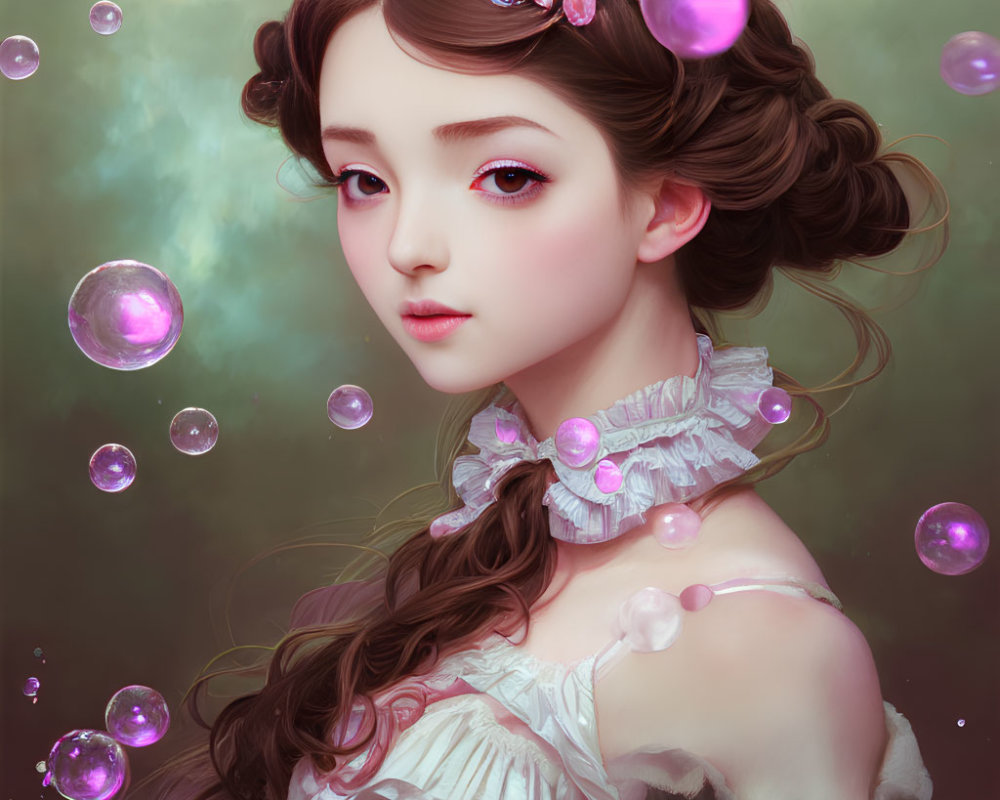 Whimsical digital portrait of young woman with expressive eyes and floral hair surrounded by iridescent bubbles