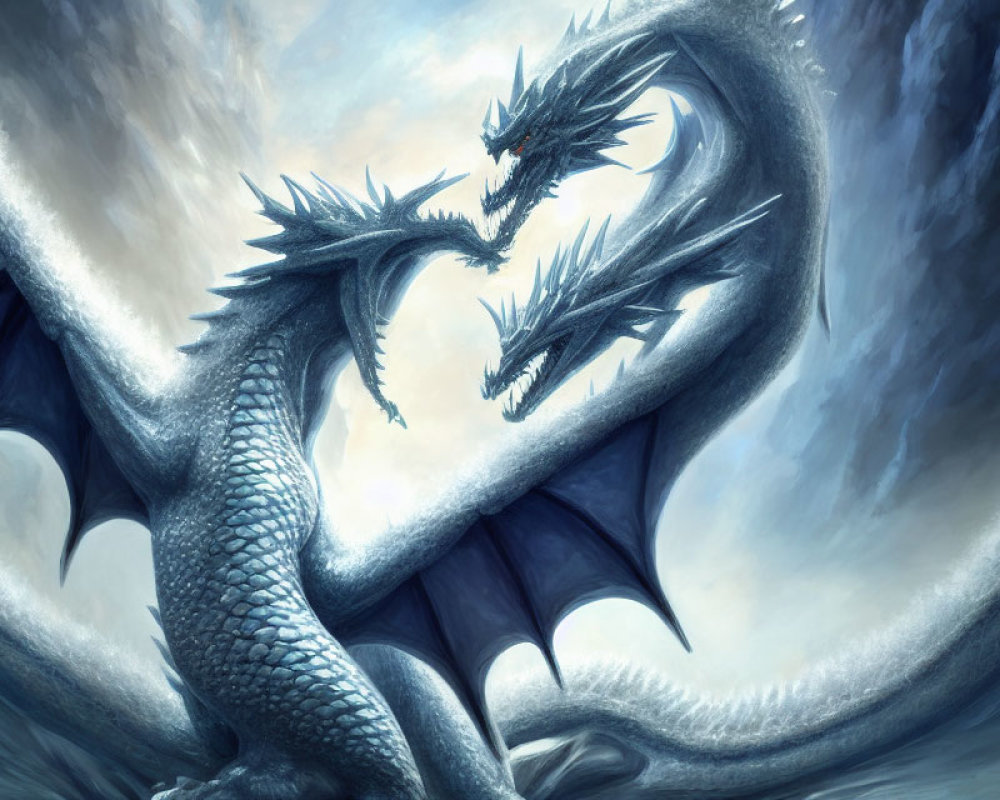 Blue-scaled dragons in intense stare amid swirling clouds