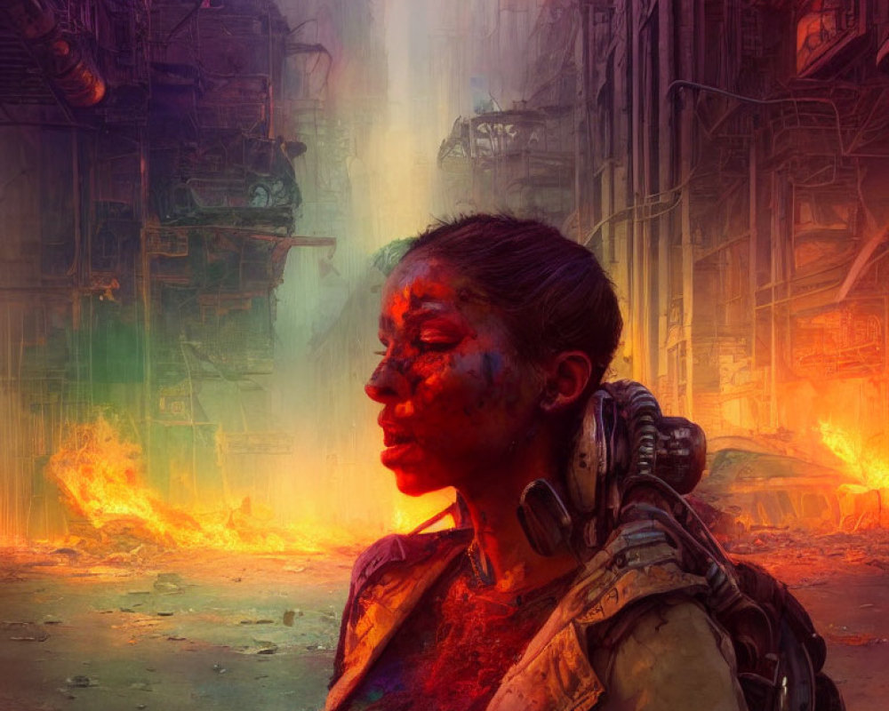 Person with face markings and mask in dystopian cityscape with explosions & golden light