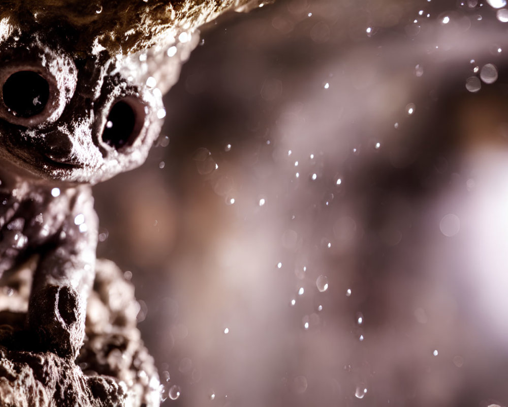 Detailed close-up of frog with glistening water droplets on textured skin and bulging eyes against blurred