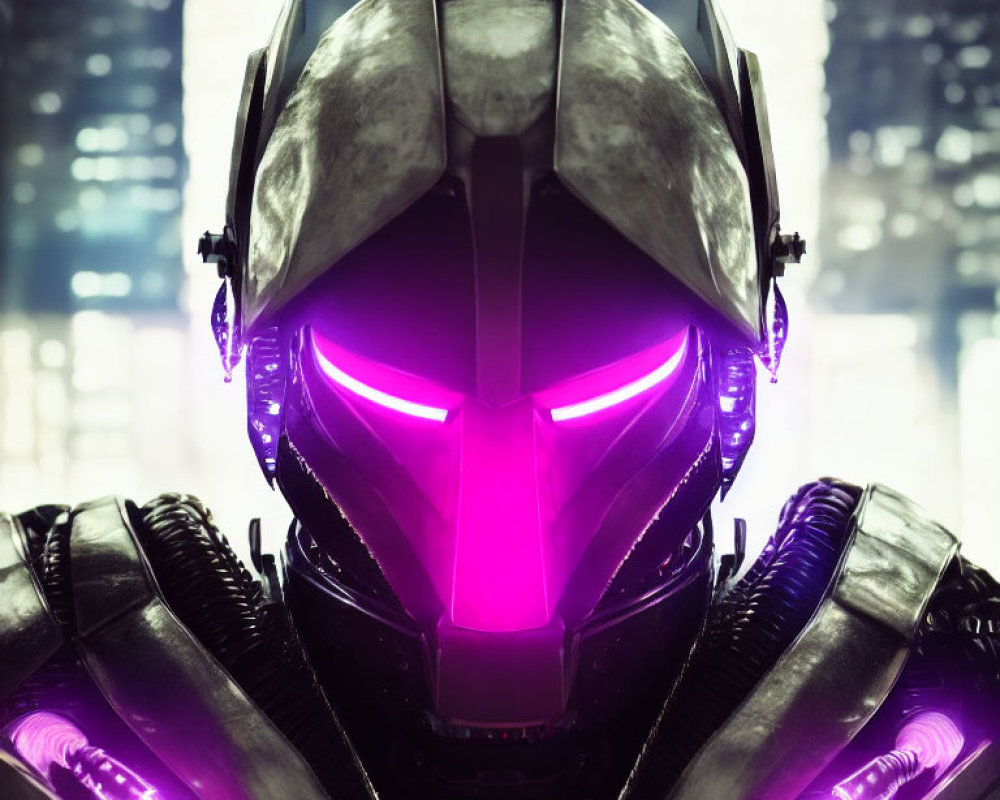 Futuristic helmet with purple visor and metallic armor against cityscape at night