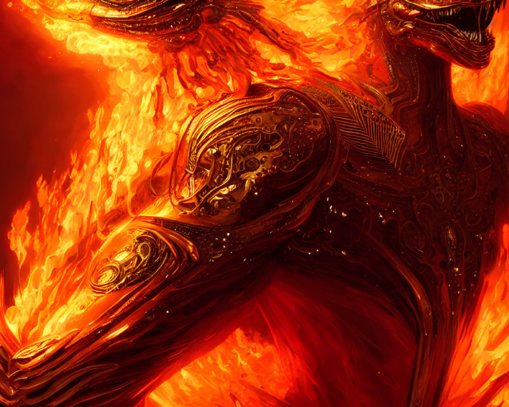 Majestic fiery phoenix with intricate wing patterns against blazing backdrop