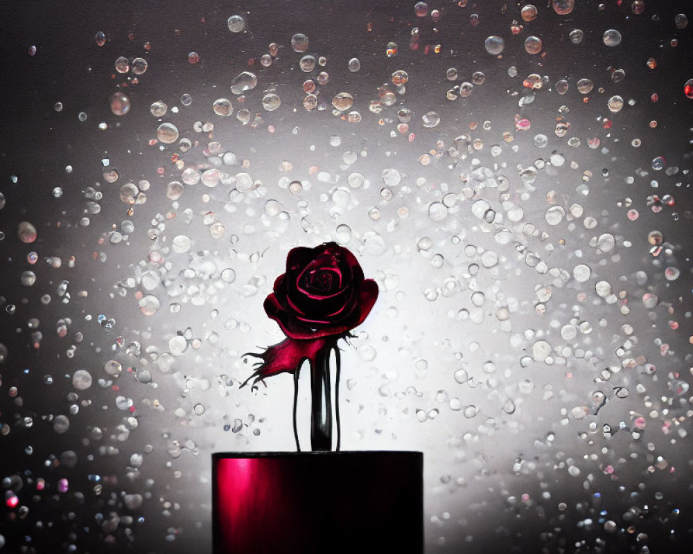 Red rose in dark vase with raindrops on glass backdrop.