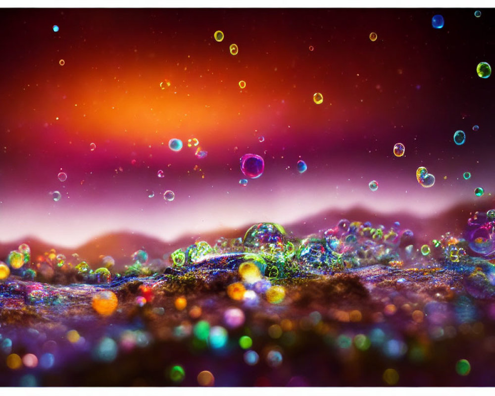 Colorful bubbles over glittering landscape with warm bokeh background