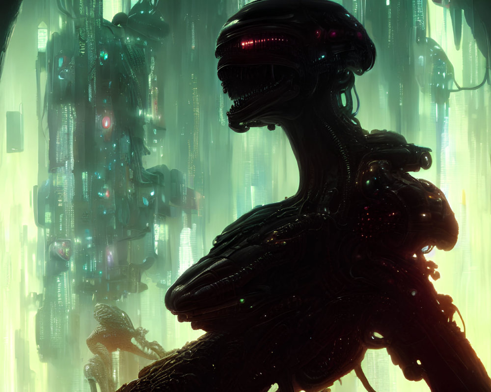 Futuristic alien creature in neon-lit cityscape