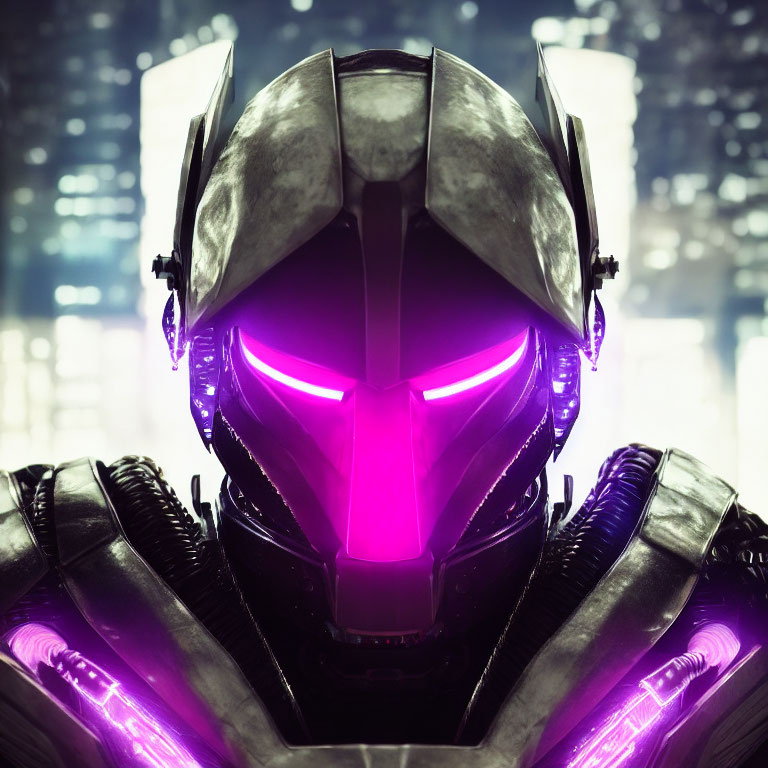 Futuristic helmet with purple visor and metallic armor against cityscape at night