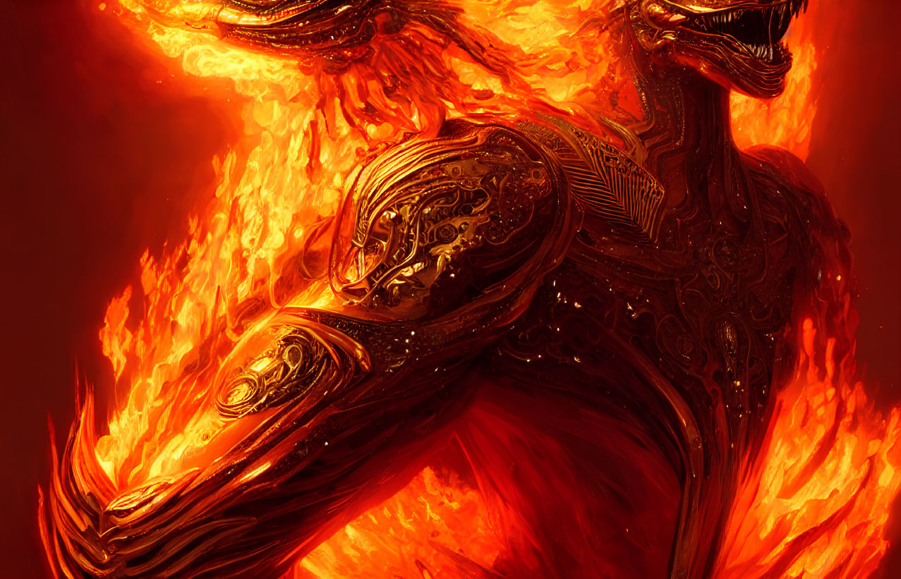 Majestic fiery phoenix with intricate wing patterns against blazing backdrop