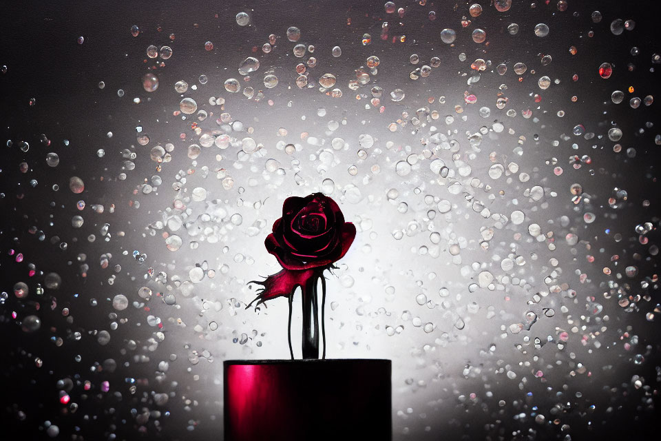 Red rose in dark vase with raindrops on glass backdrop.