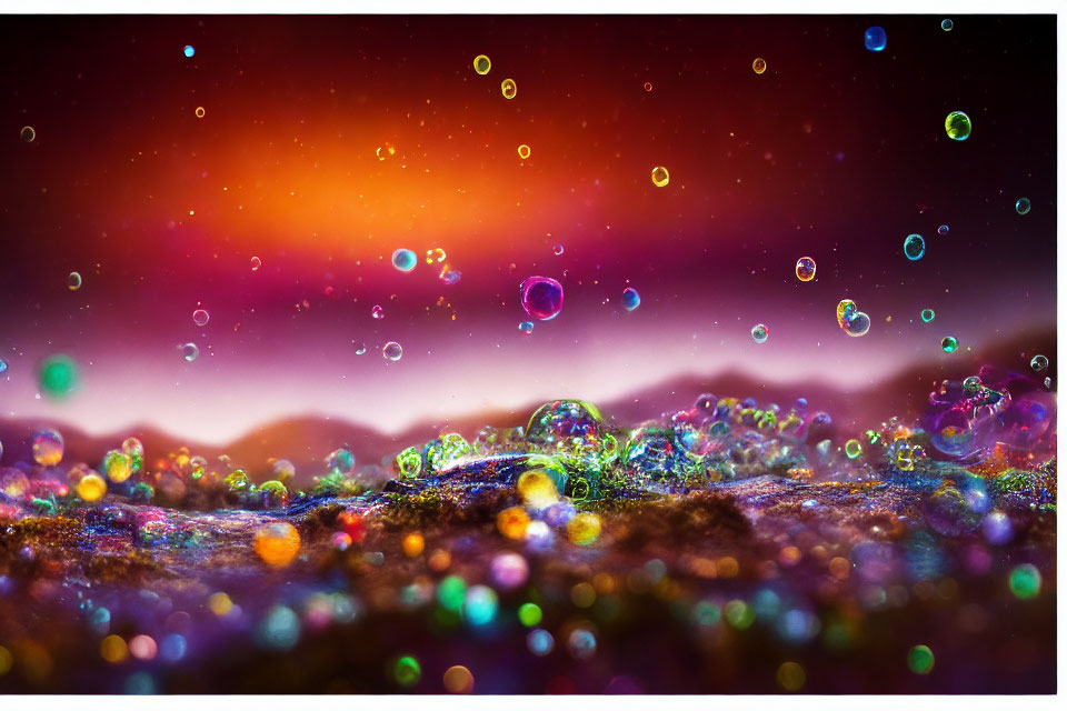 Colorful bubbles over glittering landscape with warm bokeh background