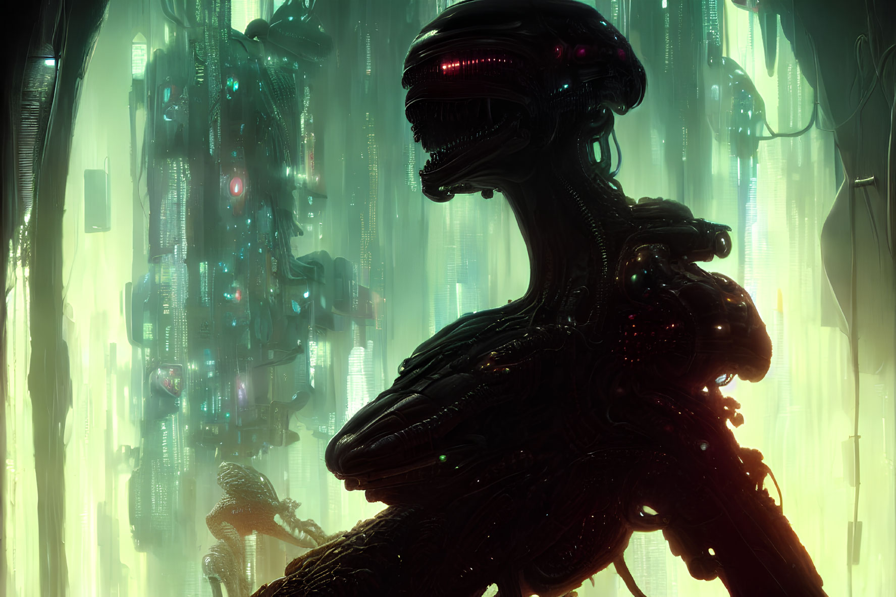 Futuristic alien creature in neon-lit cityscape