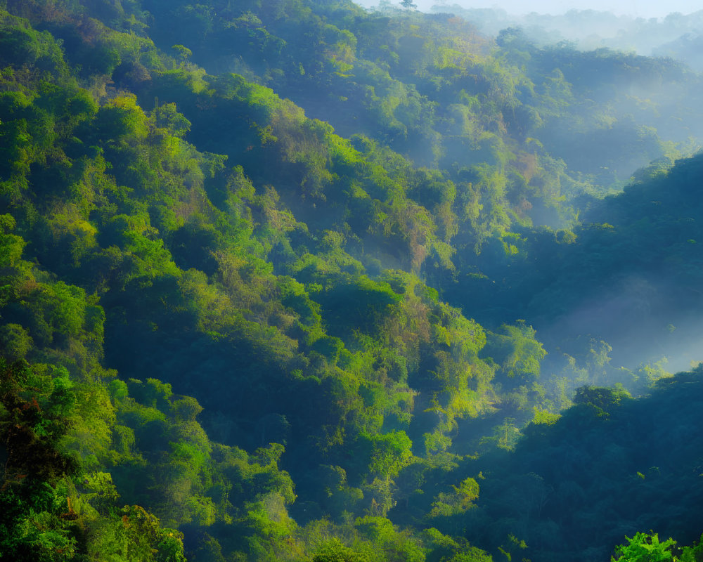 Serene forest scene with sunlight filtering through mist