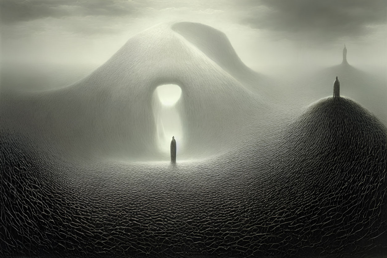 Surreal landscape with glowing entrance, figure, mist, and cracked surface