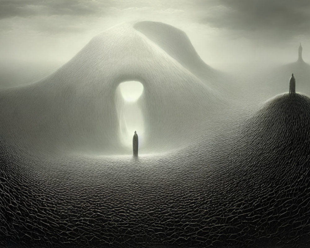 Surreal landscape with glowing entrance, figure, mist, and cracked surface