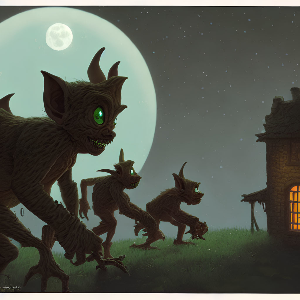 Menacing goblin-like creatures near illuminated cottage under full moon