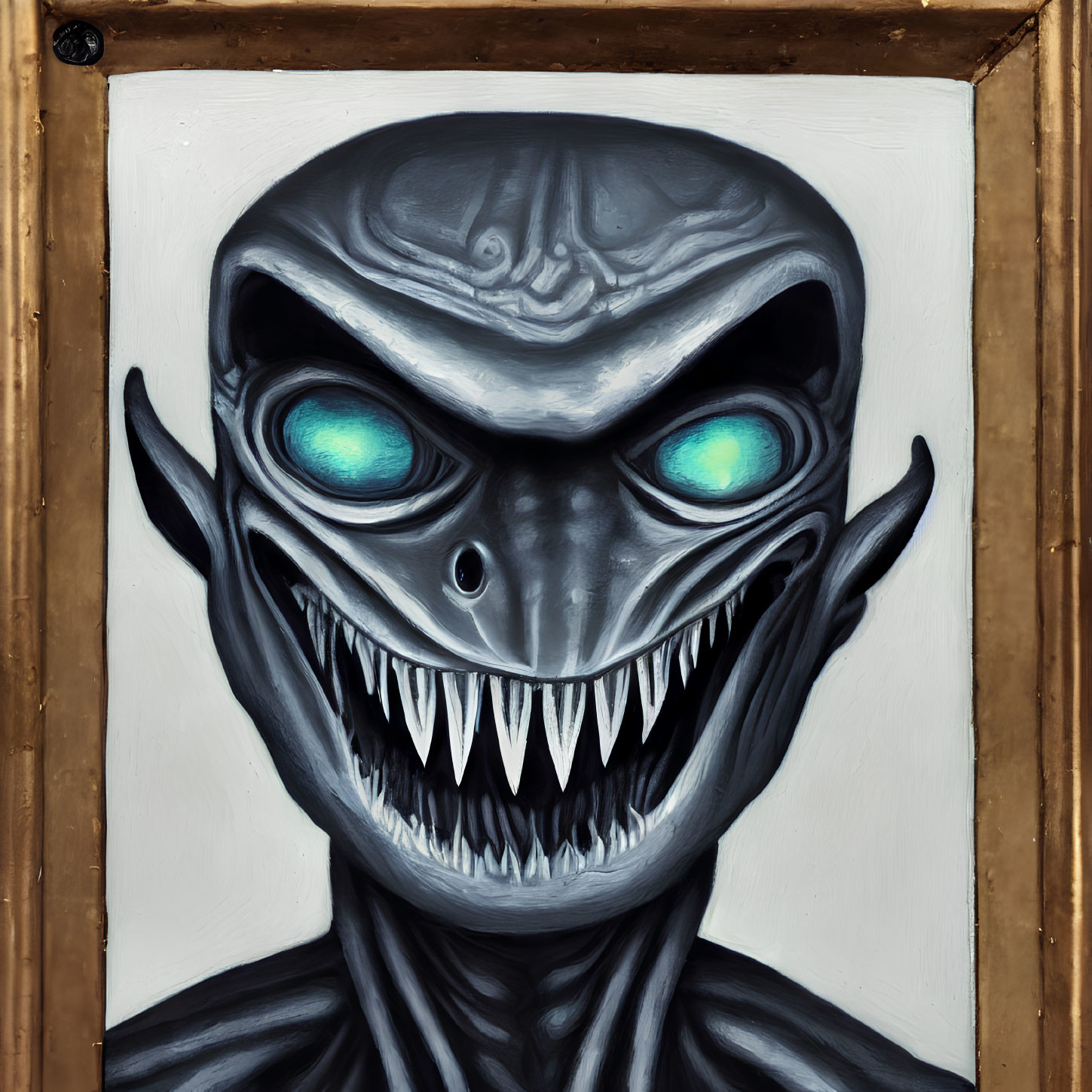 Menacing creature with glowing blue eyes and sharp teeth in golden frame