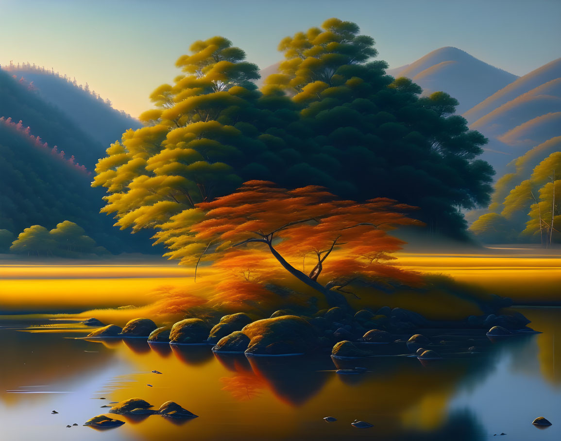 Tranquil landscape with vibrant tree by riverbank at dawn or dusk