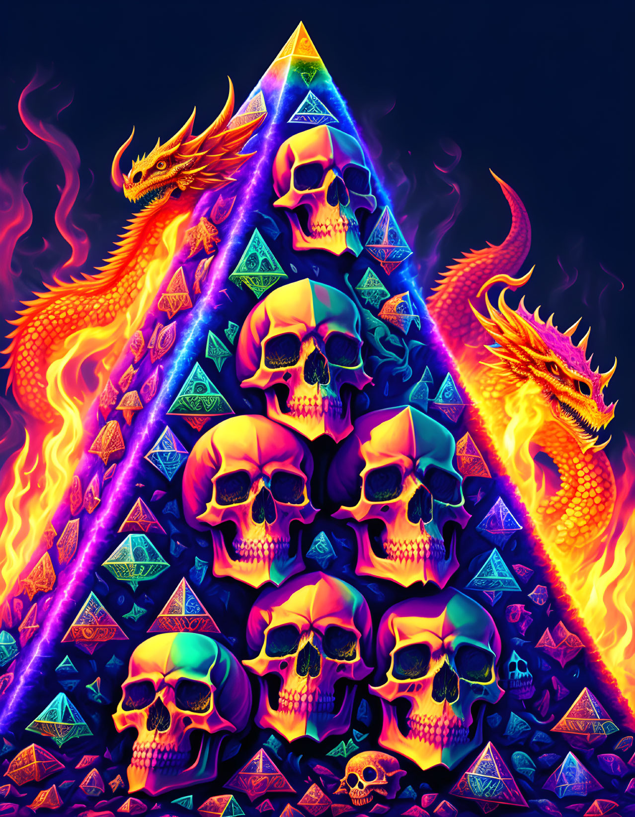 Vivid dragon, glowing skulls, neon triangles on dark cosmic backdrop