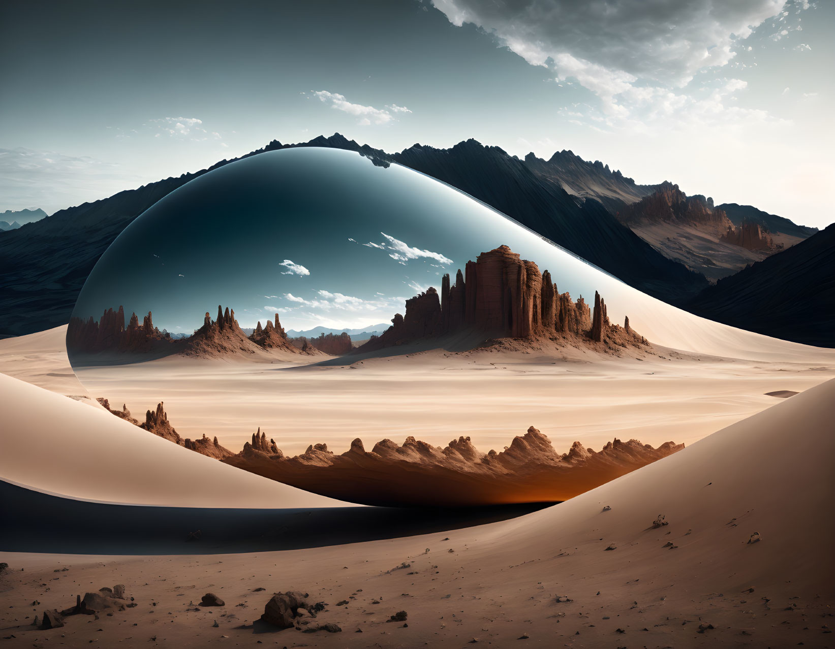 Surreal landscape with massive reflective sphere in desert twilight