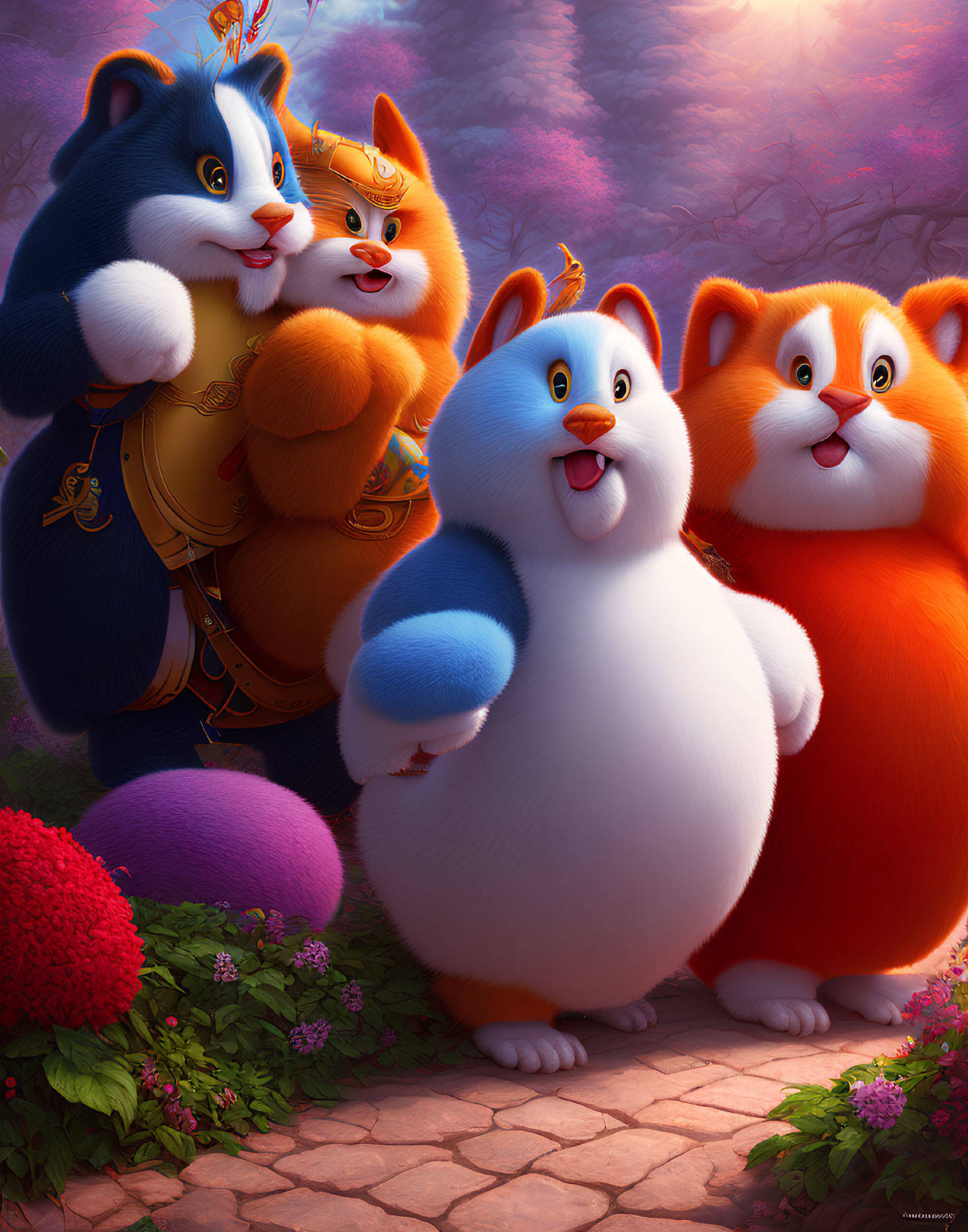 Four anthropomorphic cats in colorful garden wearing traditional clothes