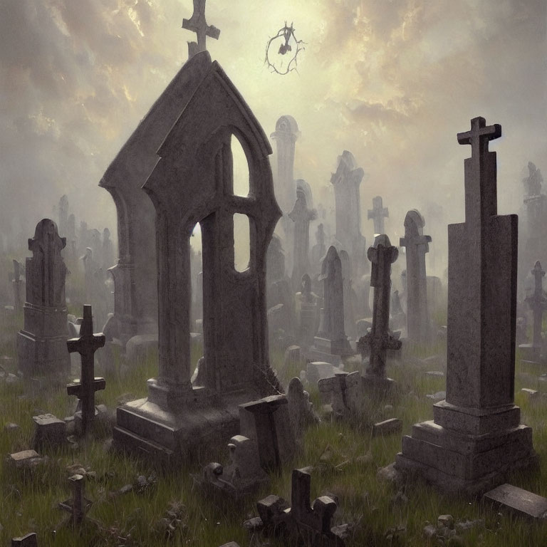 Misty graveyard scene with tombstones and central crypt under cloudy sky