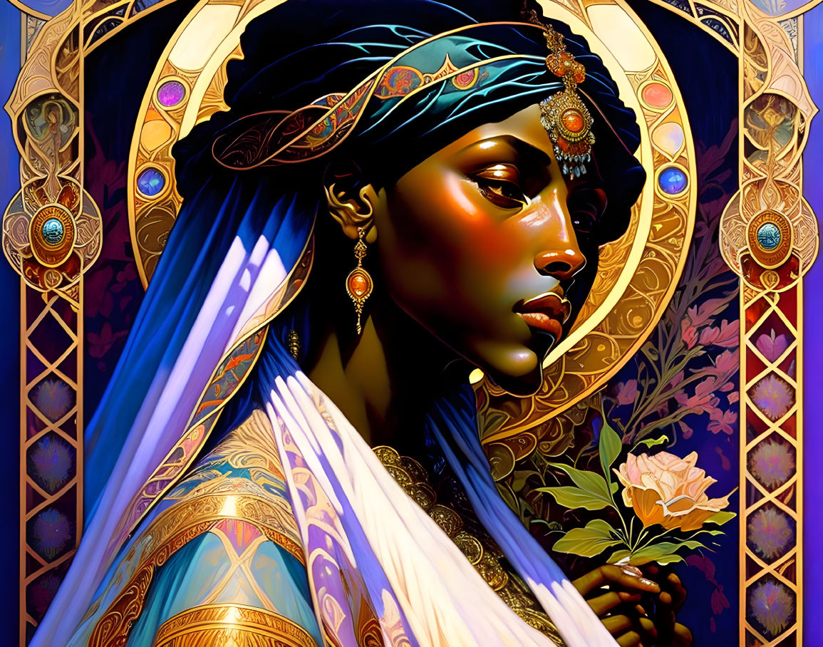 Regal woman with dark skin in gold jewelry and blue headwrap holding a rose against stained-glass