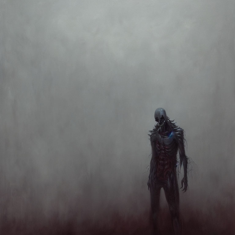 Sinister skeletal creature in misty, monochromatic setting