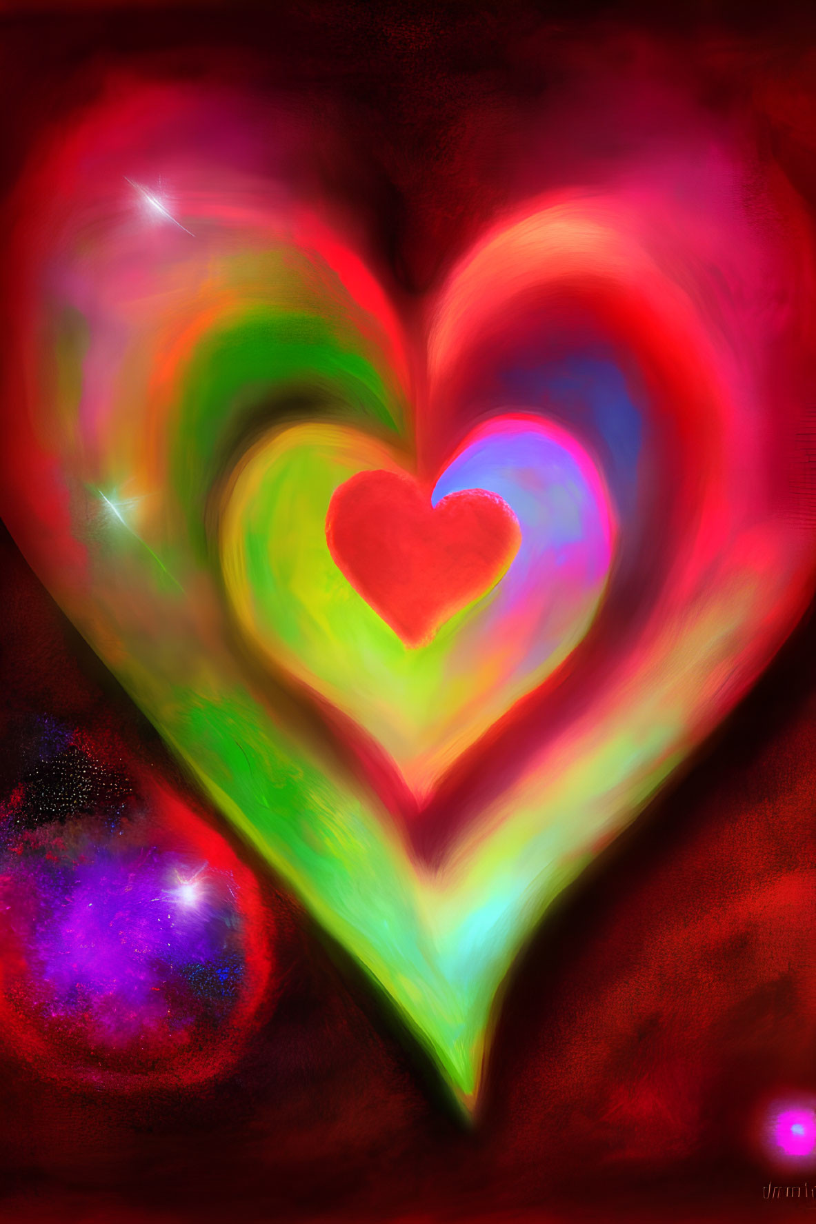 Colorful Abstract Artwork: Heart Centerpiece on Starry Red Background