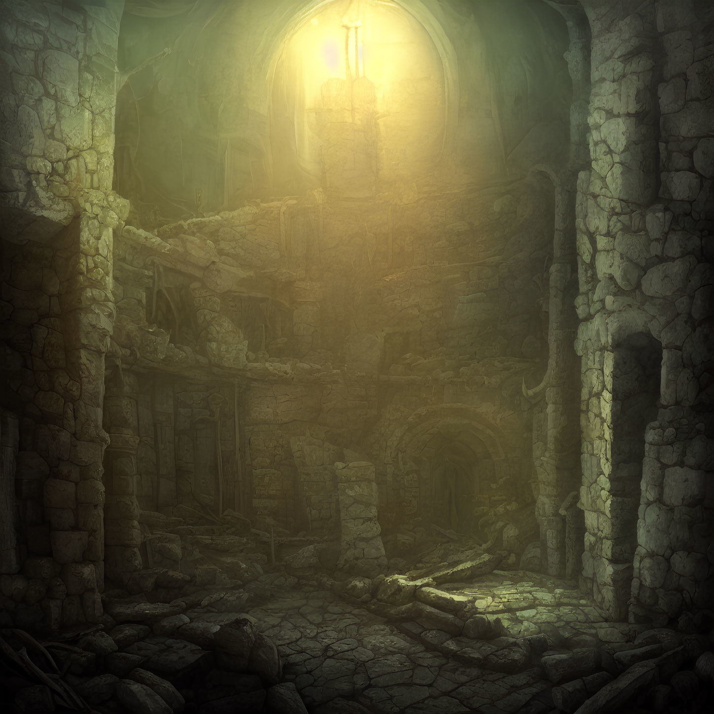 Mystical underground ruins with glowing lantern and overgrown arches