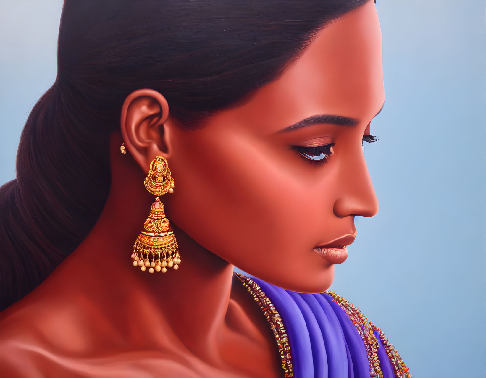 Woman with Tanned Skin in Purple Garment and Gold Jhumka Earrings on Blue Background