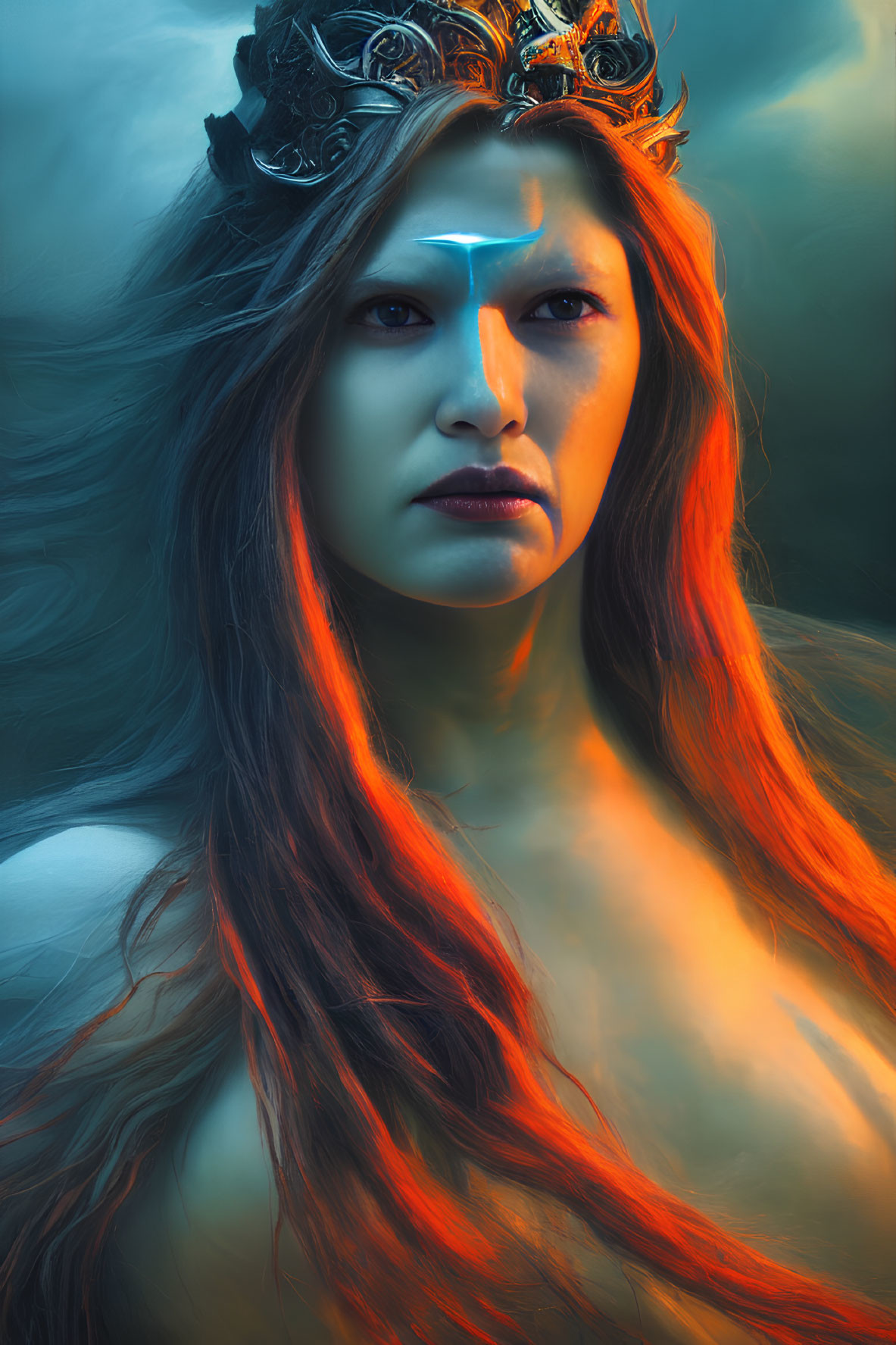 Mystical woman with crown and glowing red hair in dramatic setting