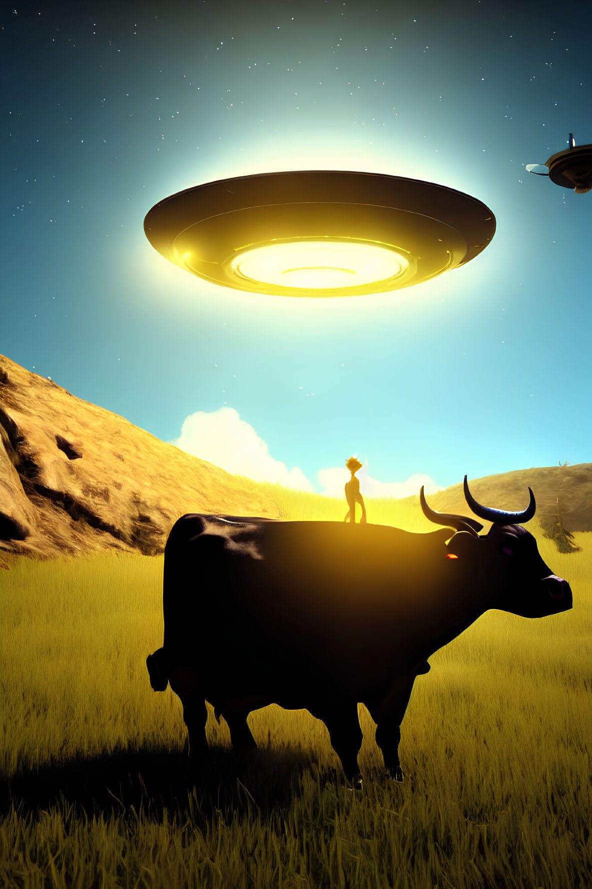 Cow and farmer in field with flying saucers under starry sky