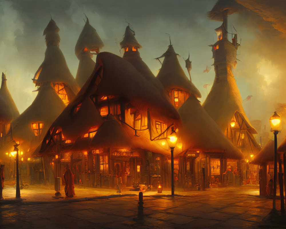 Fantastical village scene at dusk with glowing street lamps and market stalls.