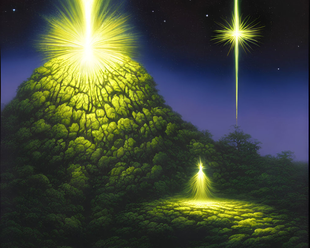 Glowing mountain and radiant trees in fantastical landscape