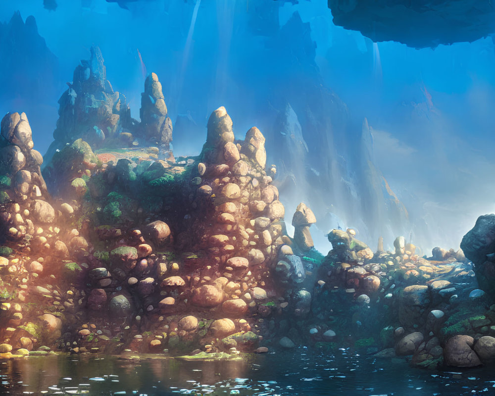 Sunlit underwater landscape with rocky formations and marine flora