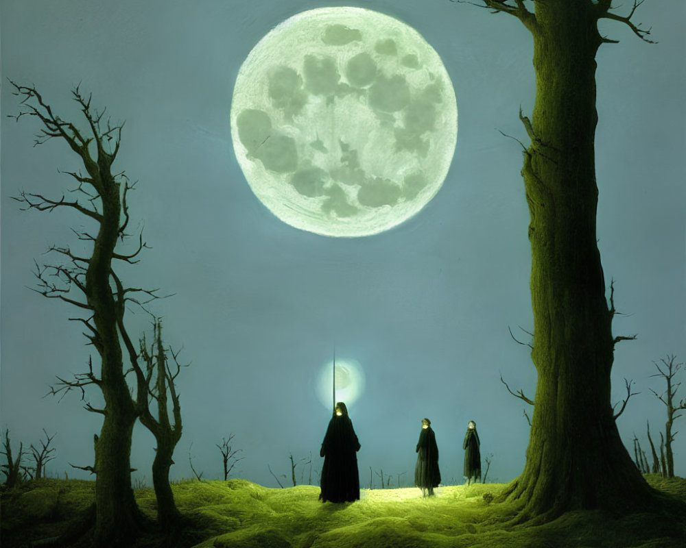 Three robed figures under full moon in eerie landscape