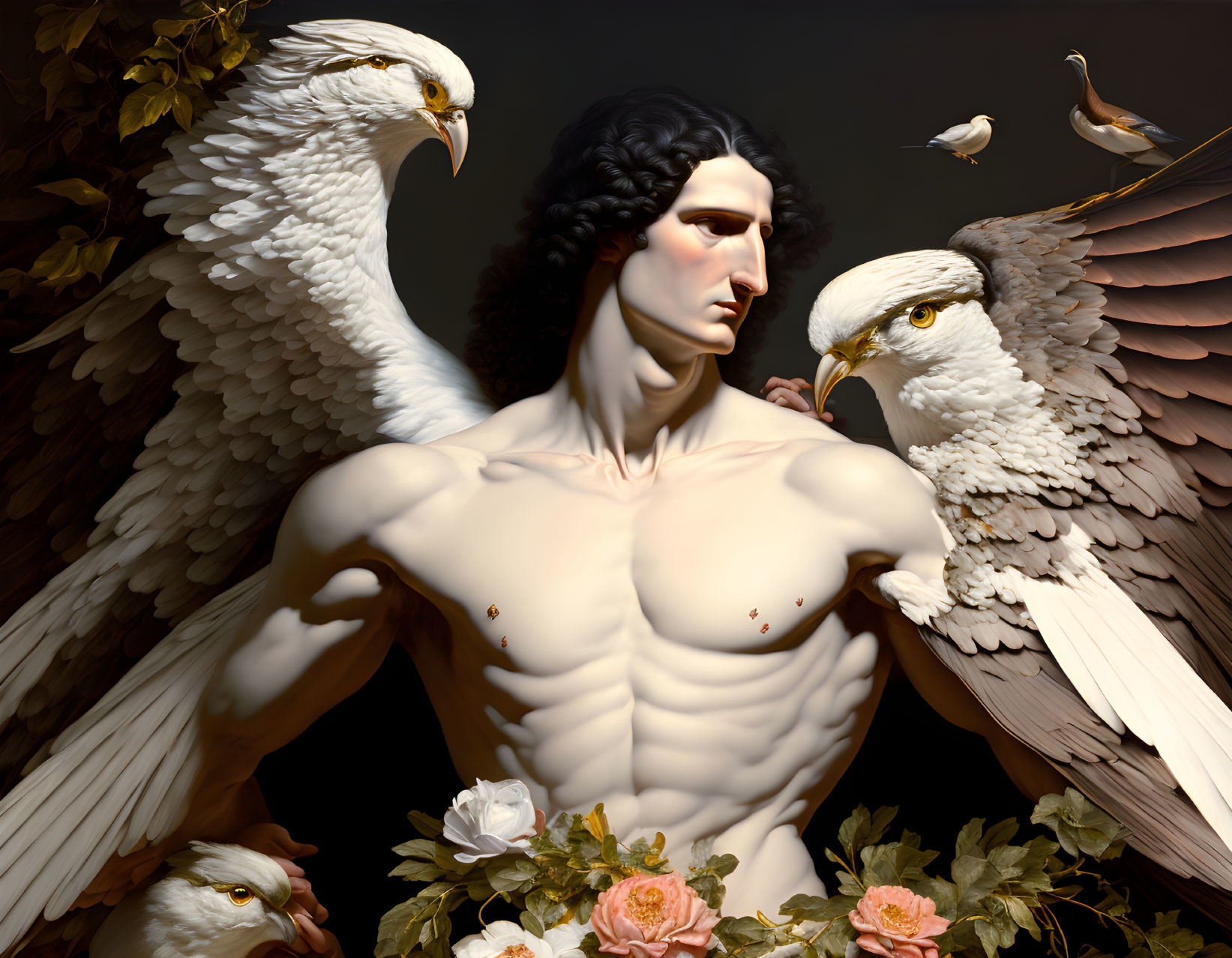 Muscular man with flowing hair, eagles, and roses in digital art