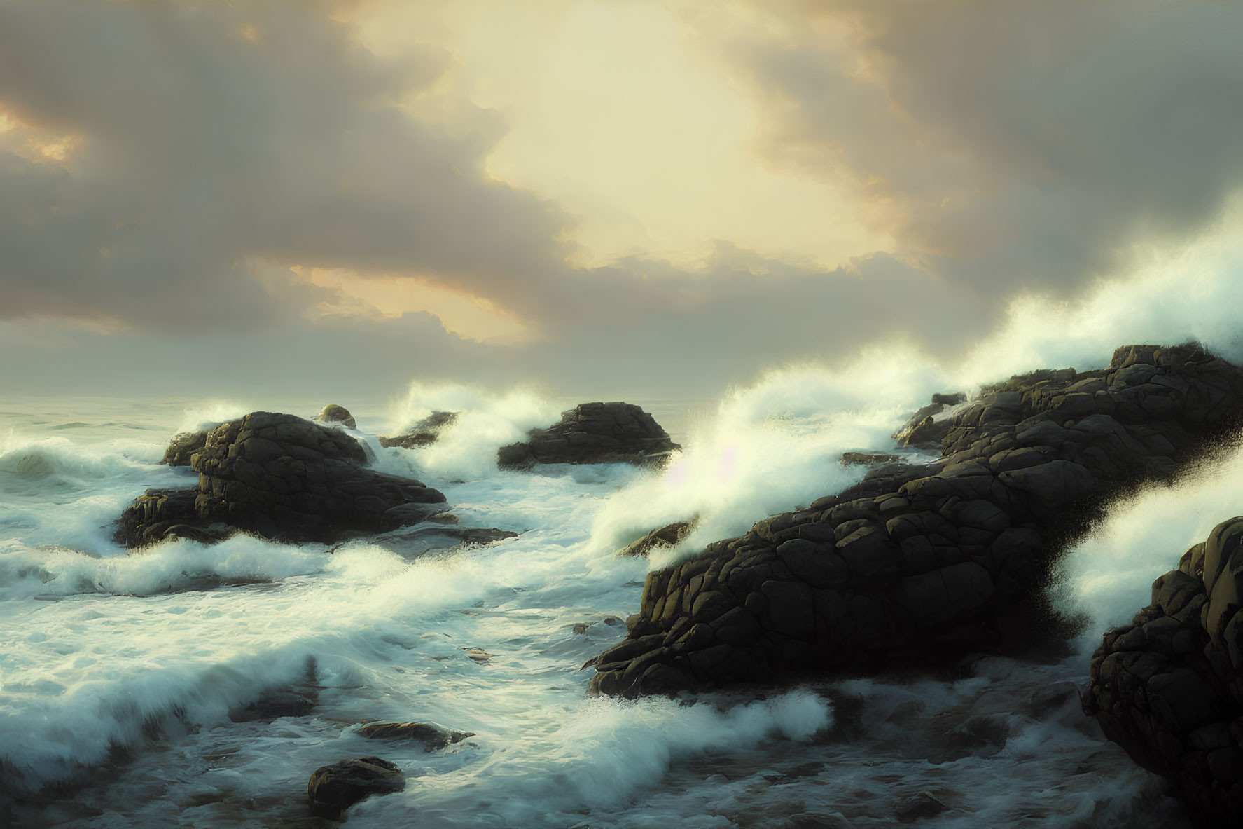 Sunlight Piercing Dramatic Seascape with Rough Waves & Rugged Rocks