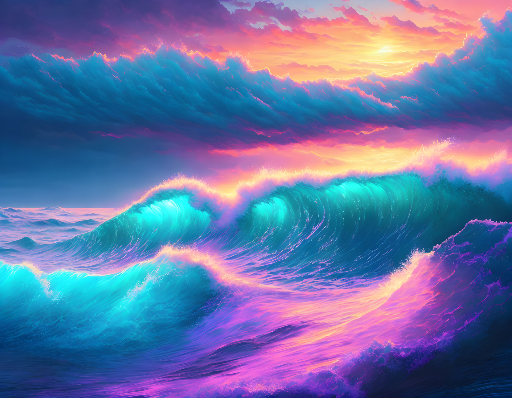 Surreal ocean digital art: neon waves, sunset sky