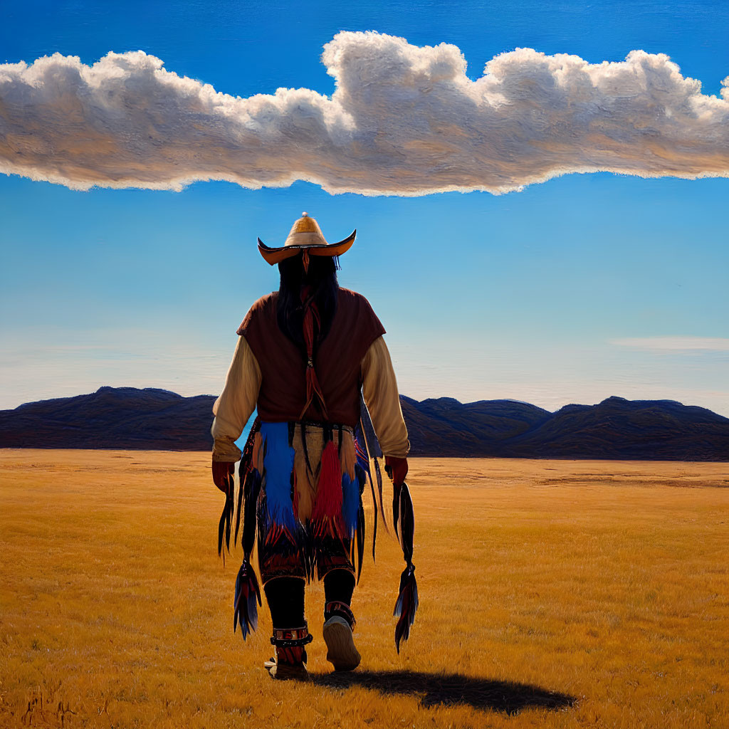 Native American person in traditional attire on grassland under vast sky.