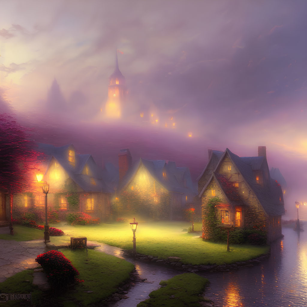 Tranquil fantasy village at dusk: warmly lit cottages, cobblestone path, gentle river