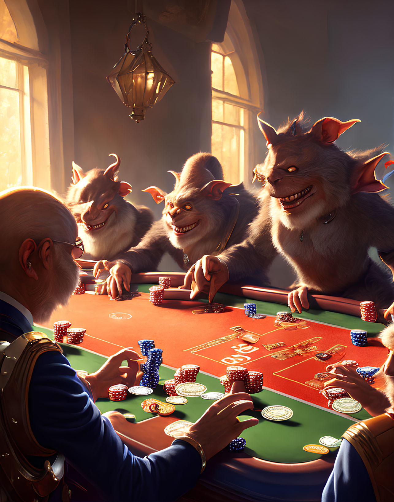 Elderly man playing poker with mischievous creatures in warmly lit room